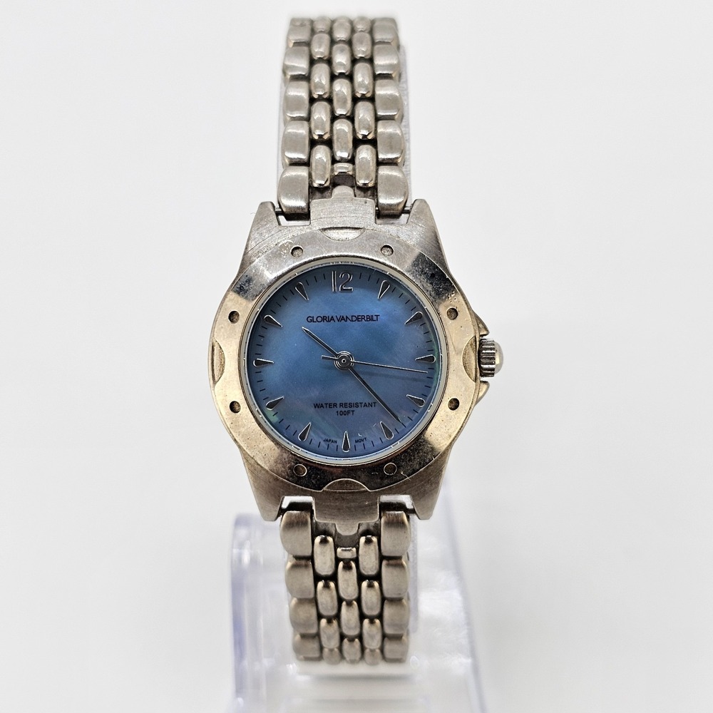 Gloria Vanderbilt Women Watch 28MM Blue Dial Gray Bracelet Bands 7" NEW Battery